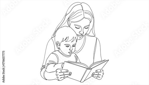 Illustration of a mother reading to her child, capturing the warmth and love of family, the joy of learning, and the special bond between parent and child