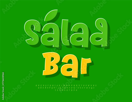 Vector Vegan template Vegan Salad. Eco Green Font, Trendy Alphabet Letters and Numbers