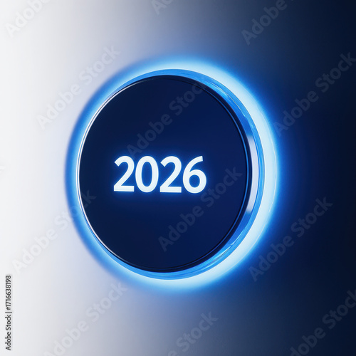 Blue illuminated start button year 2026 with white background with copy space - 3D illustration