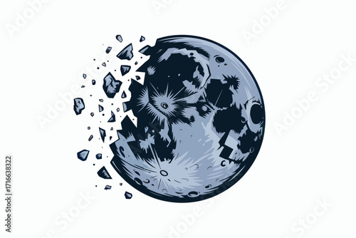 Dramatic Destruction of the Moon with Shattered Fragments and Cosmic Debris Floating in Space Illustration