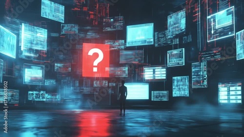 A figure stands in a futuristic digital landscape filled with screens displaying data and a question mark