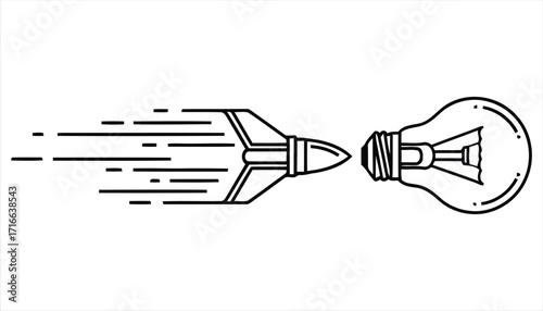Vector art of line art illustration of a rocket launching towards a light bulb, symbolizing innovation, idea generation, and the rapid pursuit of creative solutions