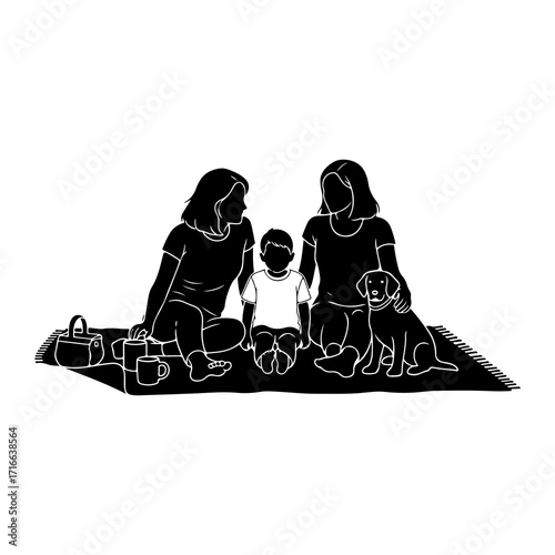 Family picnic with dog and belongings child adults