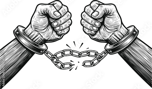 Powerful clenched fists breaking chains symbolizing freedom, resistance, liberation, strength, revolution, human rights, protest, empowerment, justice
