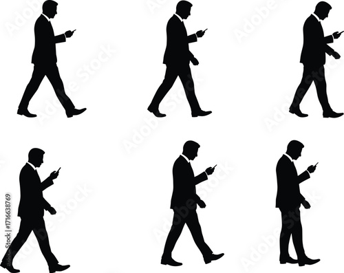 Businessman silhouette walking with smartphone, modern lifestyle concept, mobile phone addiction, digital distraction, technology dependence, urban professional communication, work life balance