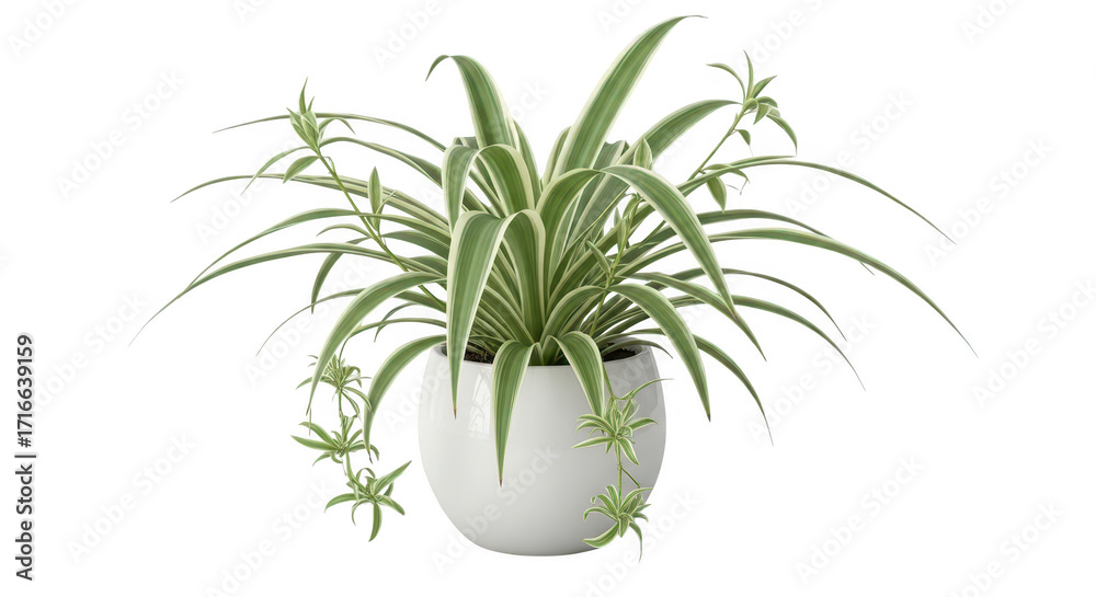 Fototapeta premium Spider plant with variegated leaves in a white pot against black background