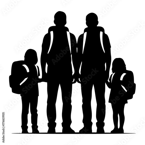 Family silhouettes with backpacks parents children