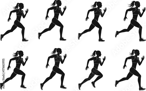 Running woman silhouette, female athlete motion, jogging cycle illustration, fitness training, sport activity, marathon runner, exercise design, health lifestyle, vector art