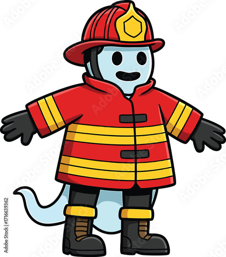 Cartoon dinosaur firefighter in red uniform and helmet on white background character fireman