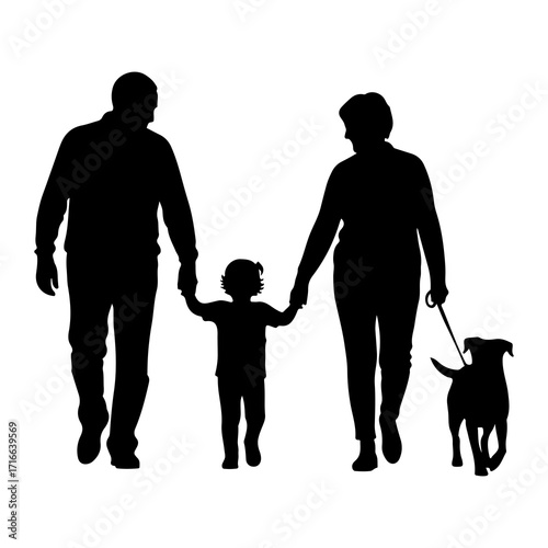 Family walking with dog leash child