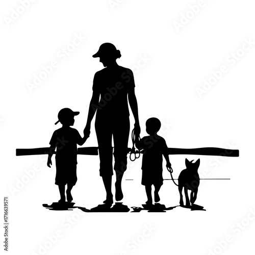 Family walking with dog silhouette leash