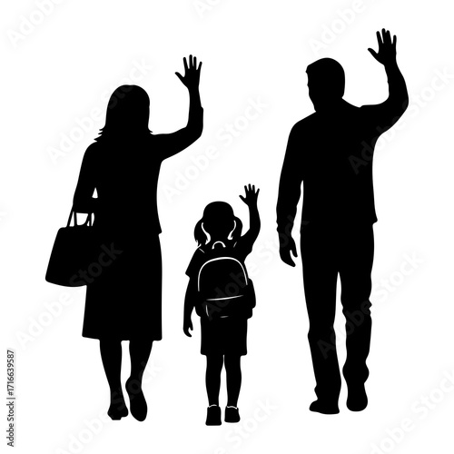 Family waving goodbye parents child