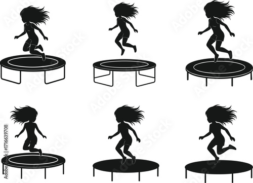 Silhouette child jumping on trampoline, kids outdoor activity, energetic bounce motion, healthy lifestyle exercise, fun recreation, childhood playtime, fitness sport illustration