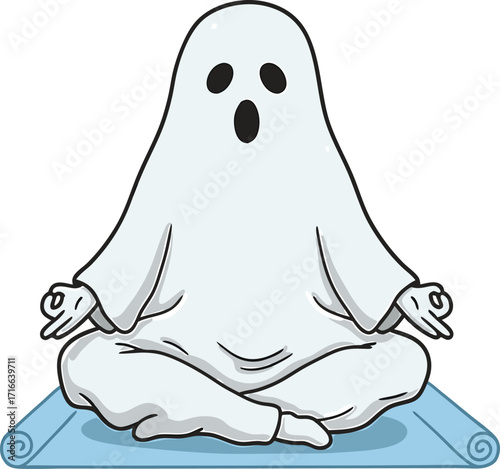 Cartoon ghost meditating in a lotus position on a yoga mat meditation peace