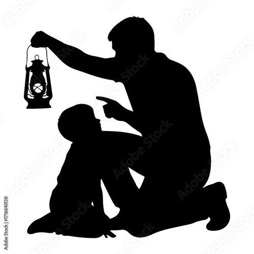 Father and child with lantern pointing teaching
