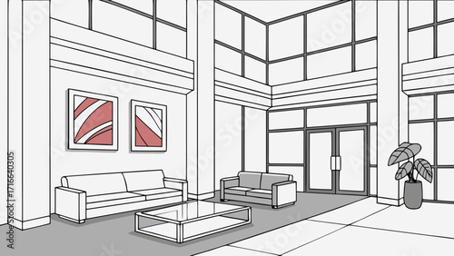 Sleek Office Lobby Decorated with Abstract Art, Glass Table and Modern Sofa Set in Vector Illustration