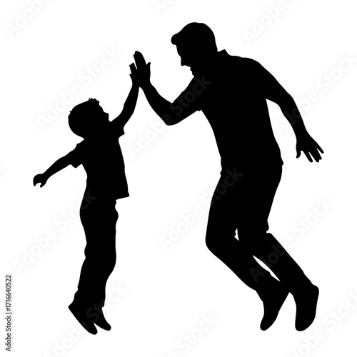 Father and son high five jumping celebration