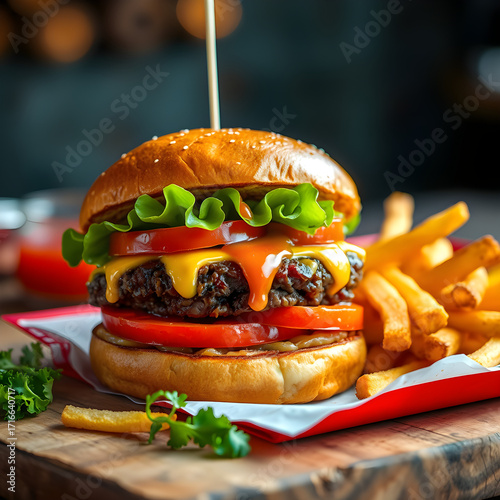 Una decadente y deliciosa hamburguesa triple con papas
