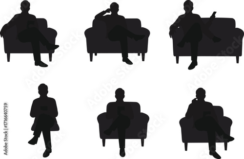 Silhouette of business man sitting on chair, reading book, using tablet, talking on phone, office lifestyle, professional communication, relaxation