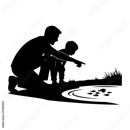 Father and son watching fish pond