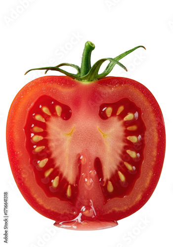 Wallpaper Mural Vibrantly ripe heirloom tomato, cut vertically in half, revealing glistening ruby-red flesh, emerald seeds, and oozing translucent pulp on gray. Concept of organic allure Torontodigital.ca