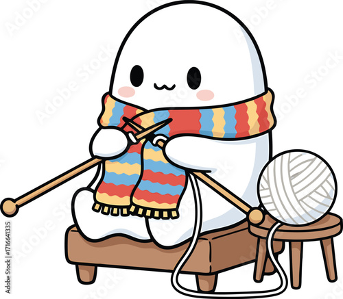 Cute cartoon ghost knitting with colorful scarf and yarn ball vector illustration