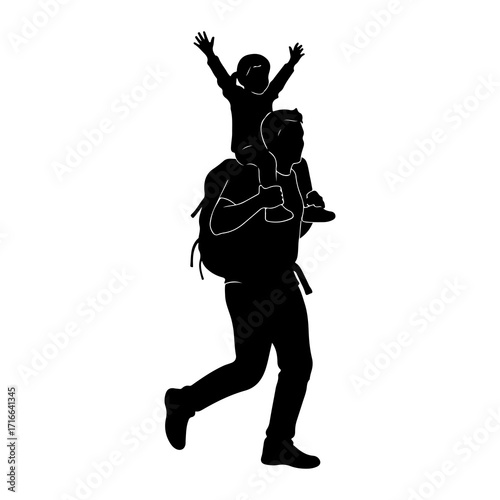 Father carrying child on shoulders with arms raised