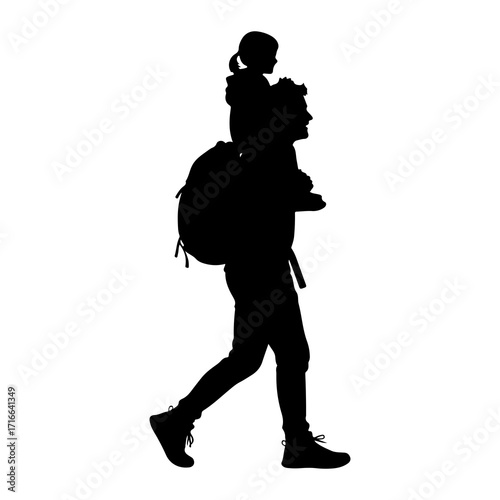 Father carrying child on shoulders with backpack daughter