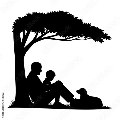 Father child dog under tree silhouette