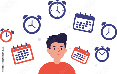 Man Surrounded by Clocks and Calendars Illustrating Time Management