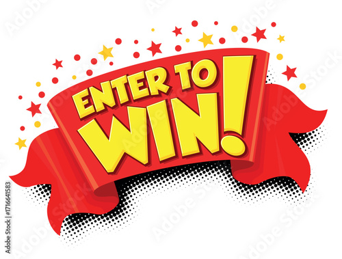Enter to win sign on award banner with stars in comic style. Vector push button on transparent background