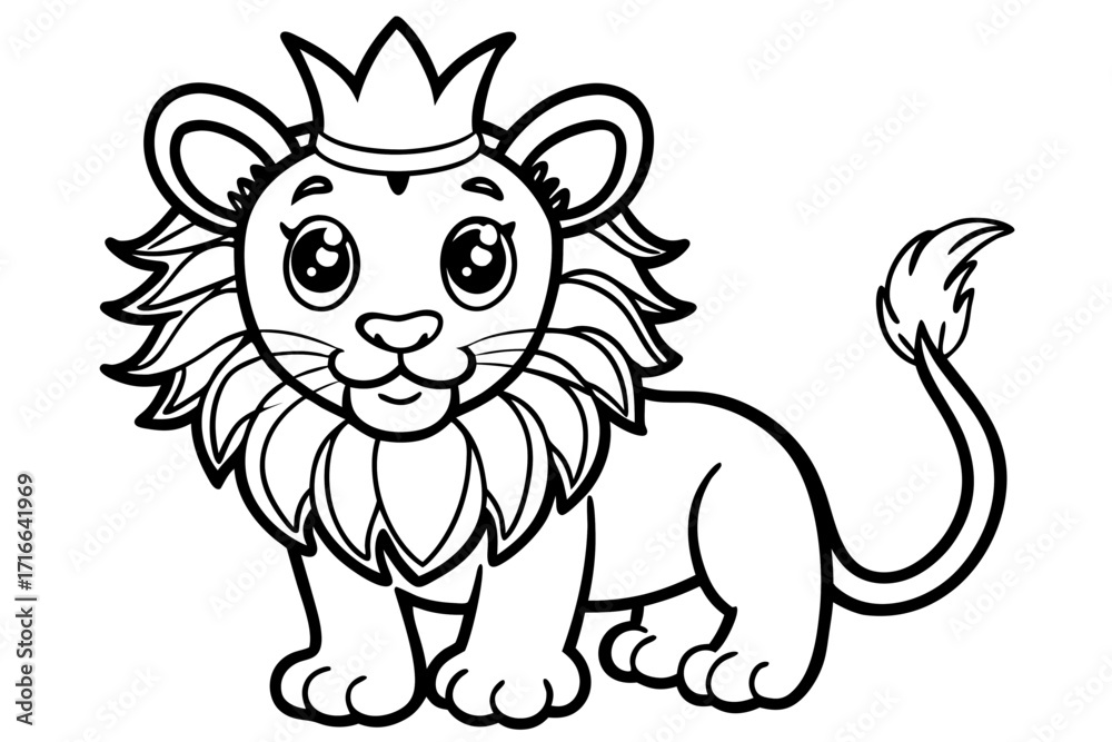Obraz premium Cartoon Baby Lion with Crown – Coloring Book Illustration