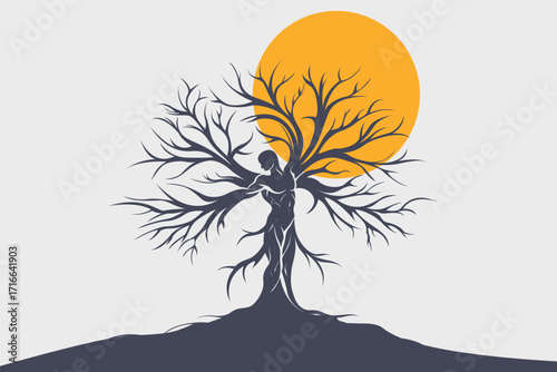 Surreal human tree illustration with sun – nature and life concept artwork