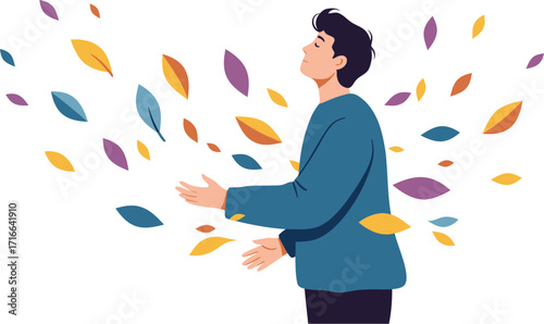 Man Enjoying the Gentle Breeze and Falling Leaves