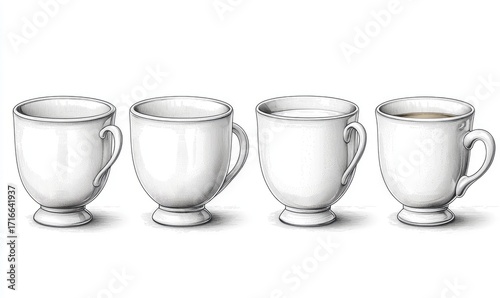 Four white coffee cups, varying contents, in a row
