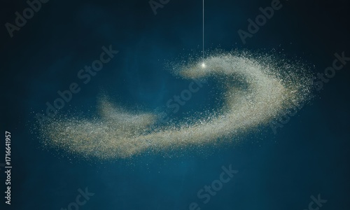 A swirling, golden-toned dust cloud, suspended in dark space, with a luminous point at the top