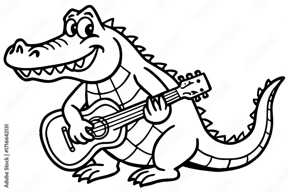 Fototapeta premium Funny Crocodile Playing Guitar – Coloring Book Vector Page