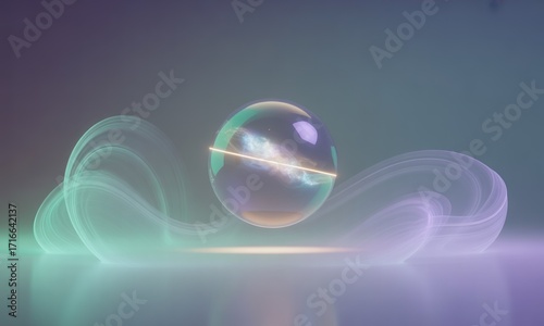 A translucent sphere, seemingly floating, is cradled by soft, swirling, ethereal ribbons of color