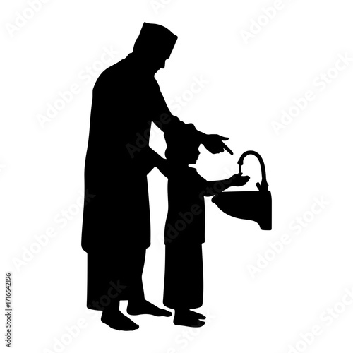 Father teaching child handwashing at sink vector