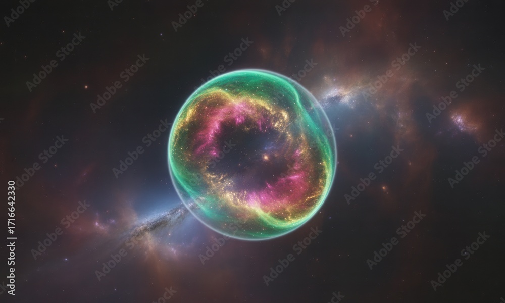 Fototapeta premium A vibrant, glowing sphere in deep space, filled with swirling colors. Abstract nebulae surround it