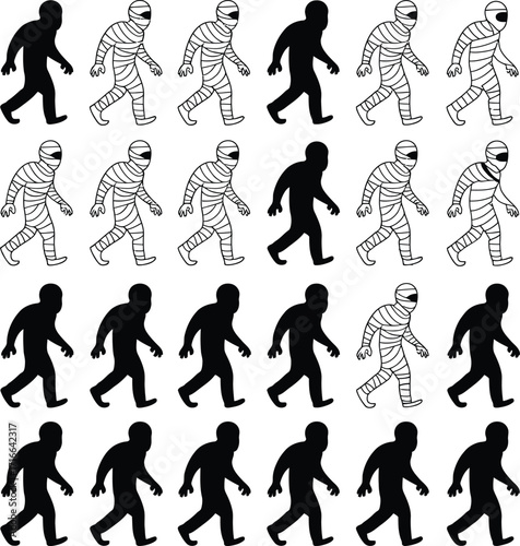 Vector art of collection of mummy and silhouette man icons set of halloween mummy and silhouette man icons for decoration, party, and celebration