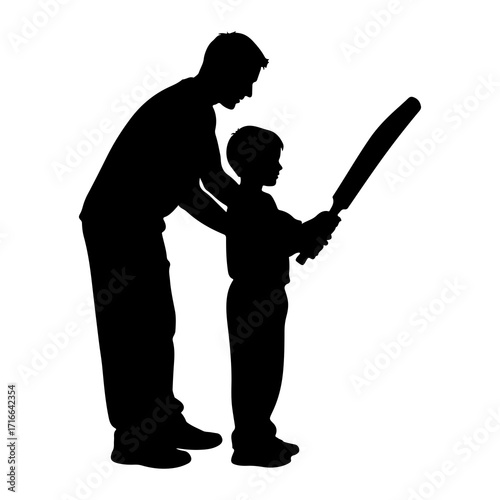 Father teaching son cricket vector
