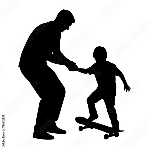Father teaching son skateboarding learning