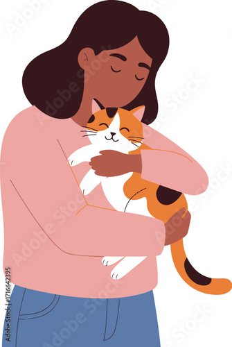 Woman lovingly holding her calico cat close