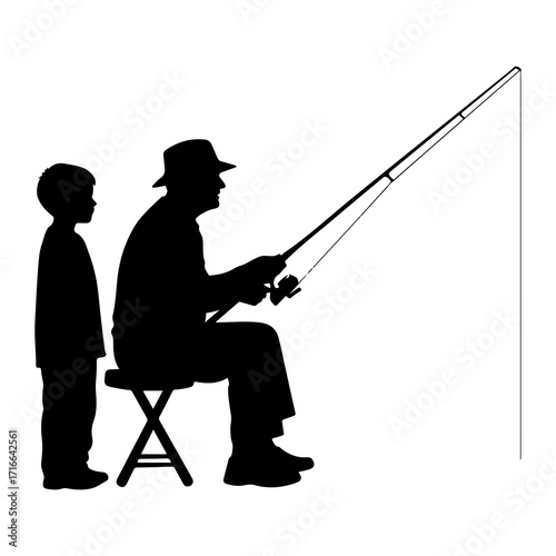Grandfather and grandson fishing together silhouette