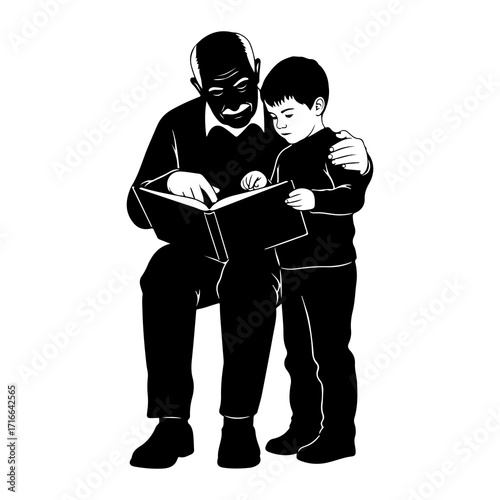 Grandfather and grandson reading book learning
