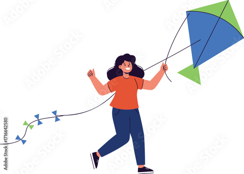 Woman happily flying a kite in a park