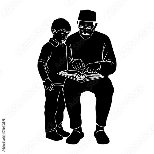 Grandfather teaching grandson reading book vector