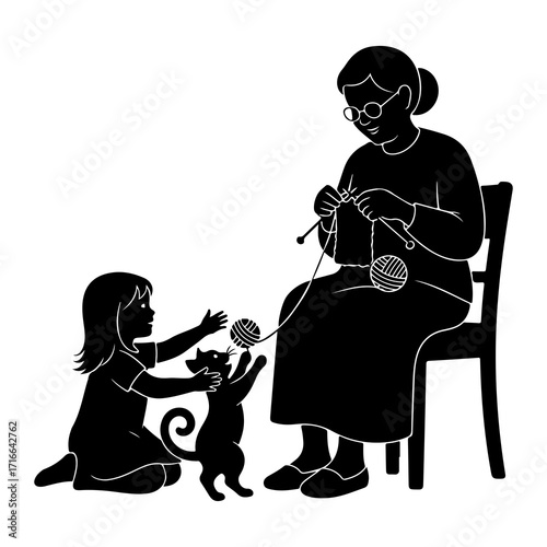 Grandmother knitting with child and cat yarn