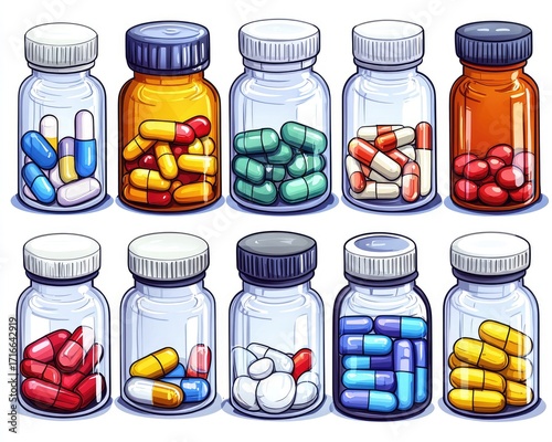 Cartoon illustration of various medicine bottles filled with colorful pills and capsules